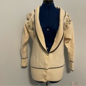 Vintage Cream Angora Wool Snakeskin Embroidered Cardigan Size M
